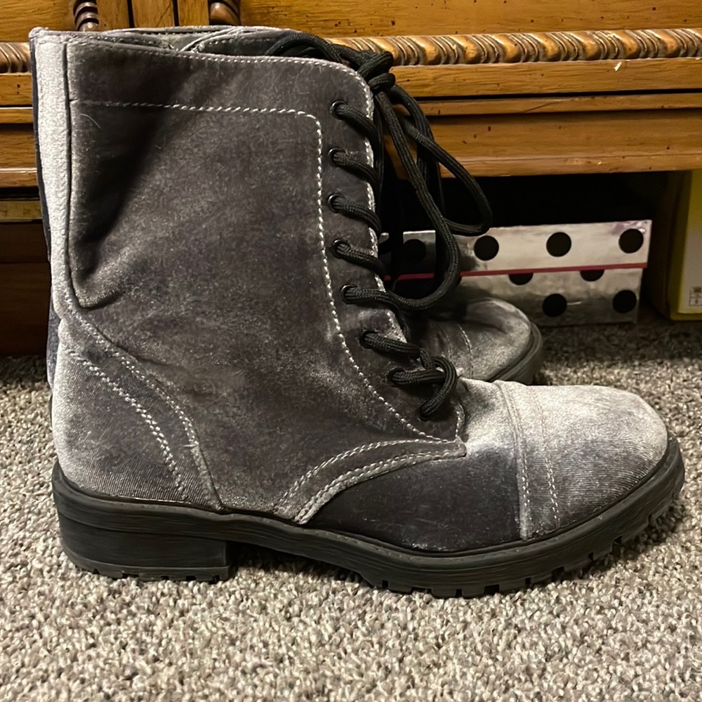 Madden girl gray velvet combat boot